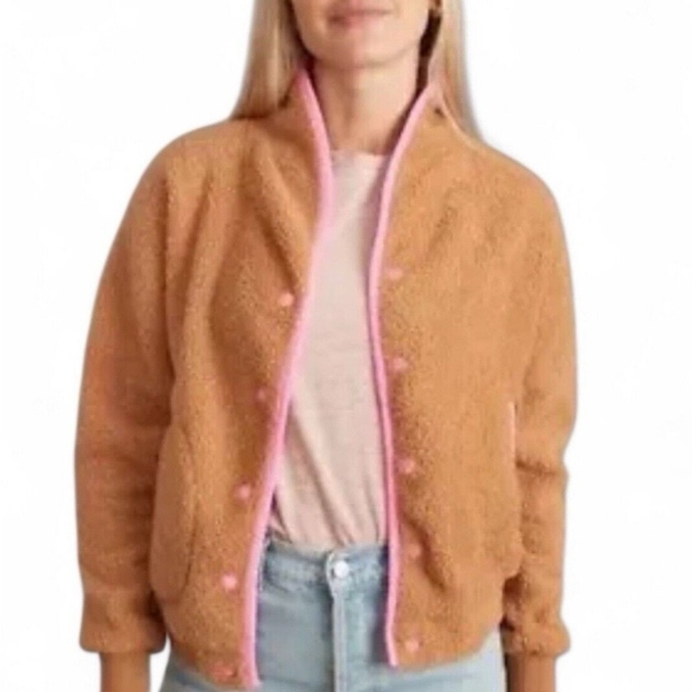 Marine Layer Sierra Tan and Pink Teddy Jacket Cozy Sherpa Style